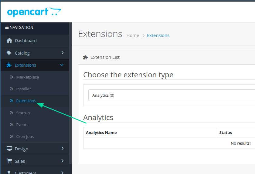 Sub-opção &quot;Extensions&quot; selecionada